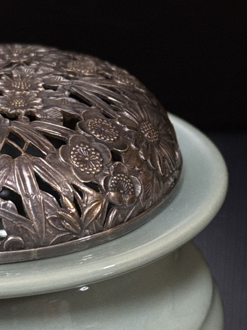 純銀 刻印 火屋付 青磁袴腰型 香炉 桐箱付 茶道具