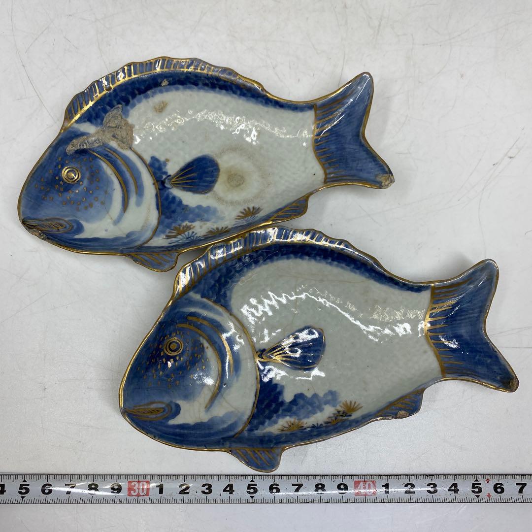 江戸中期 藍九谷 鯛の図皿 5客 トヒル 木箱付 東さ
