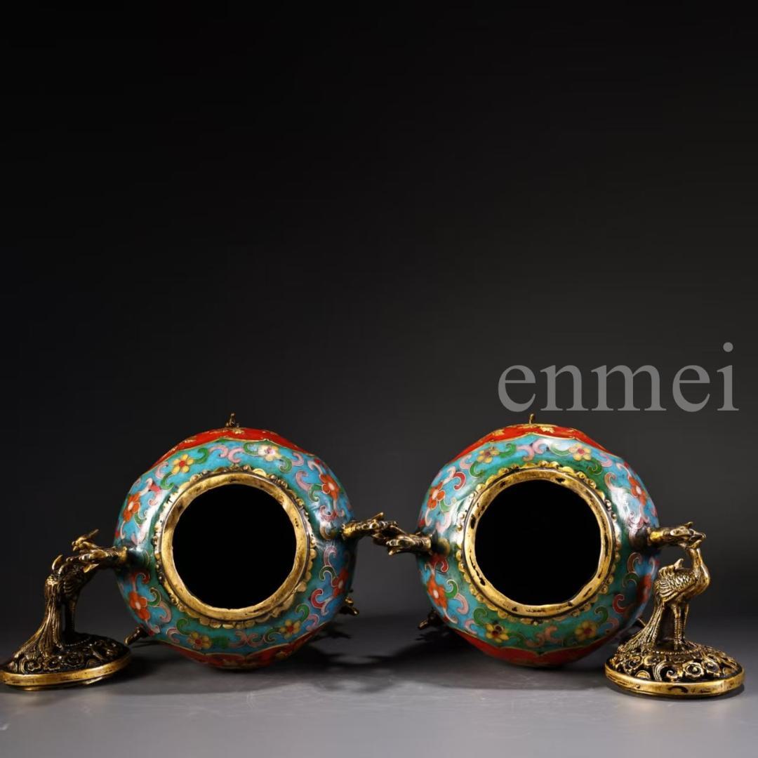 珍品旧藏・赤青琺瑯装飾双対香炉・高浮彫鏨刻・鎏金鳳鳥浮彫付き・純