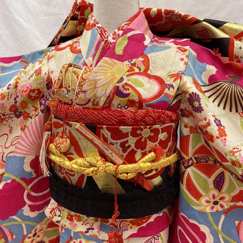 508ag8◎七五三 七歳 女児 アンティーク着物&開き帯 総柄 レトロ◎