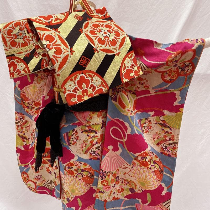 508ag8◎七五三 七歳 女児 アンティーク着物&開き帯 総柄 レトロ◎