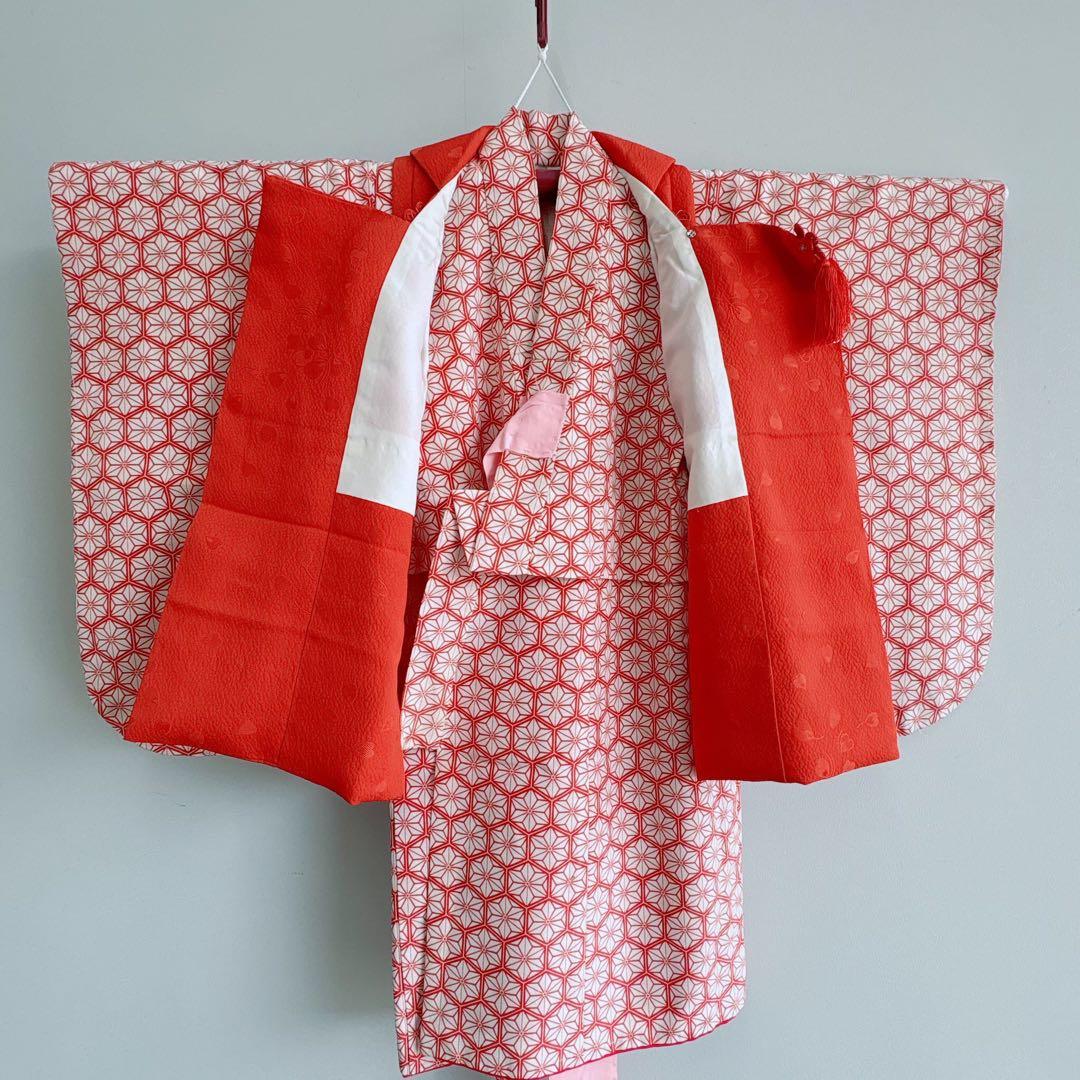 七五三　３歳　女の子　着物　きもの　長着　被布　赤系　麻文様　7276