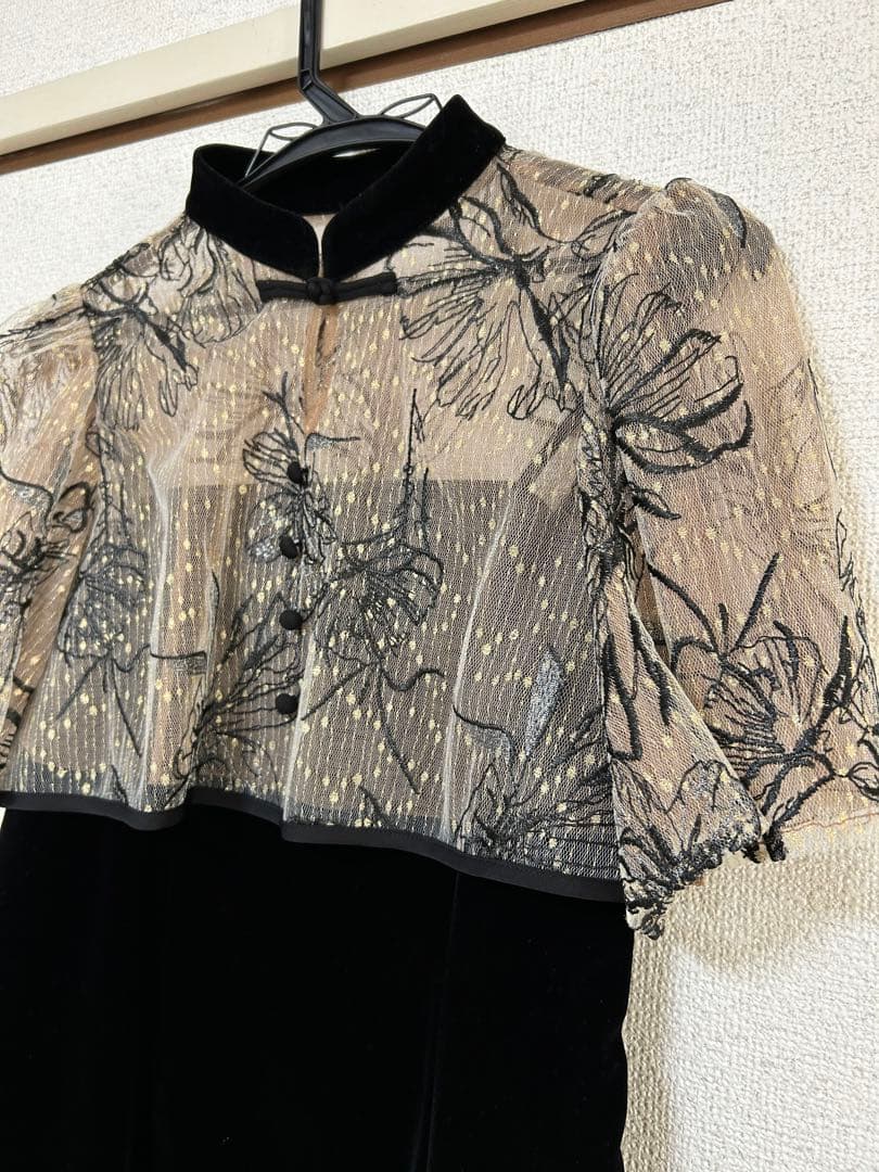 Leja 配色パイピング花柄刺繍ボレロ付きベロアマーメイドキャミワンピース