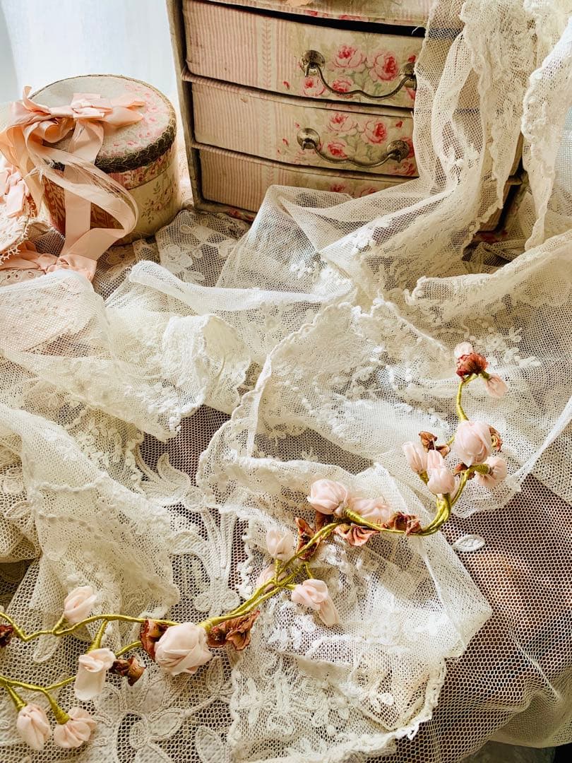 フランスアンティークスカラップ刺繍チュールレースパーツ200cm