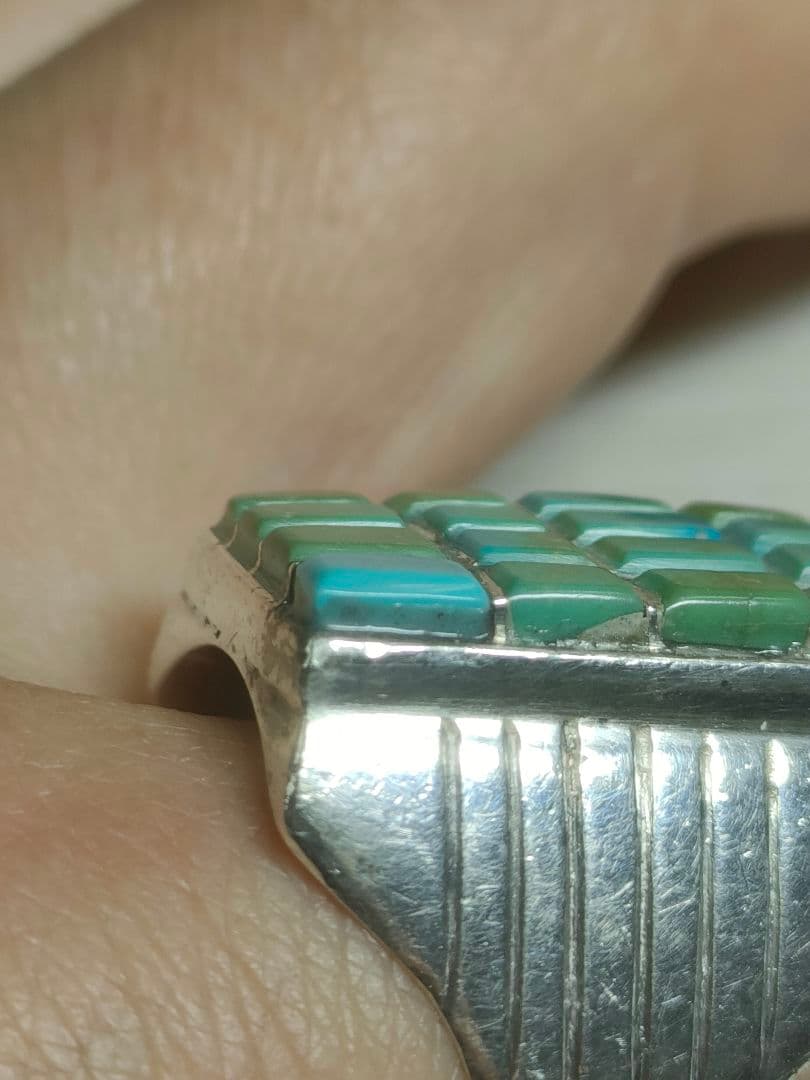 スクエアターコイズSILVERリング(ズニ族、STERLING刻印、インレイ)