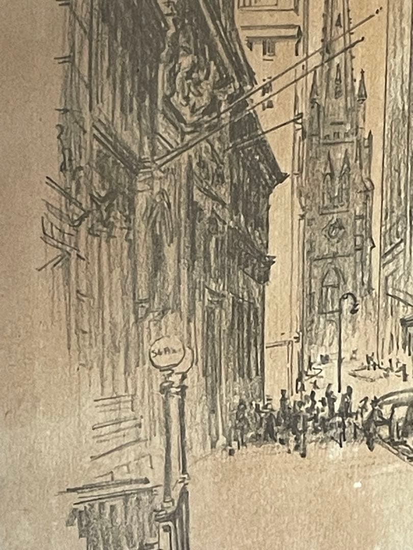 茶*様 50s ビンテージ額装ウォール街NY手書きアート 鉛筆画 作家物ブロカン
