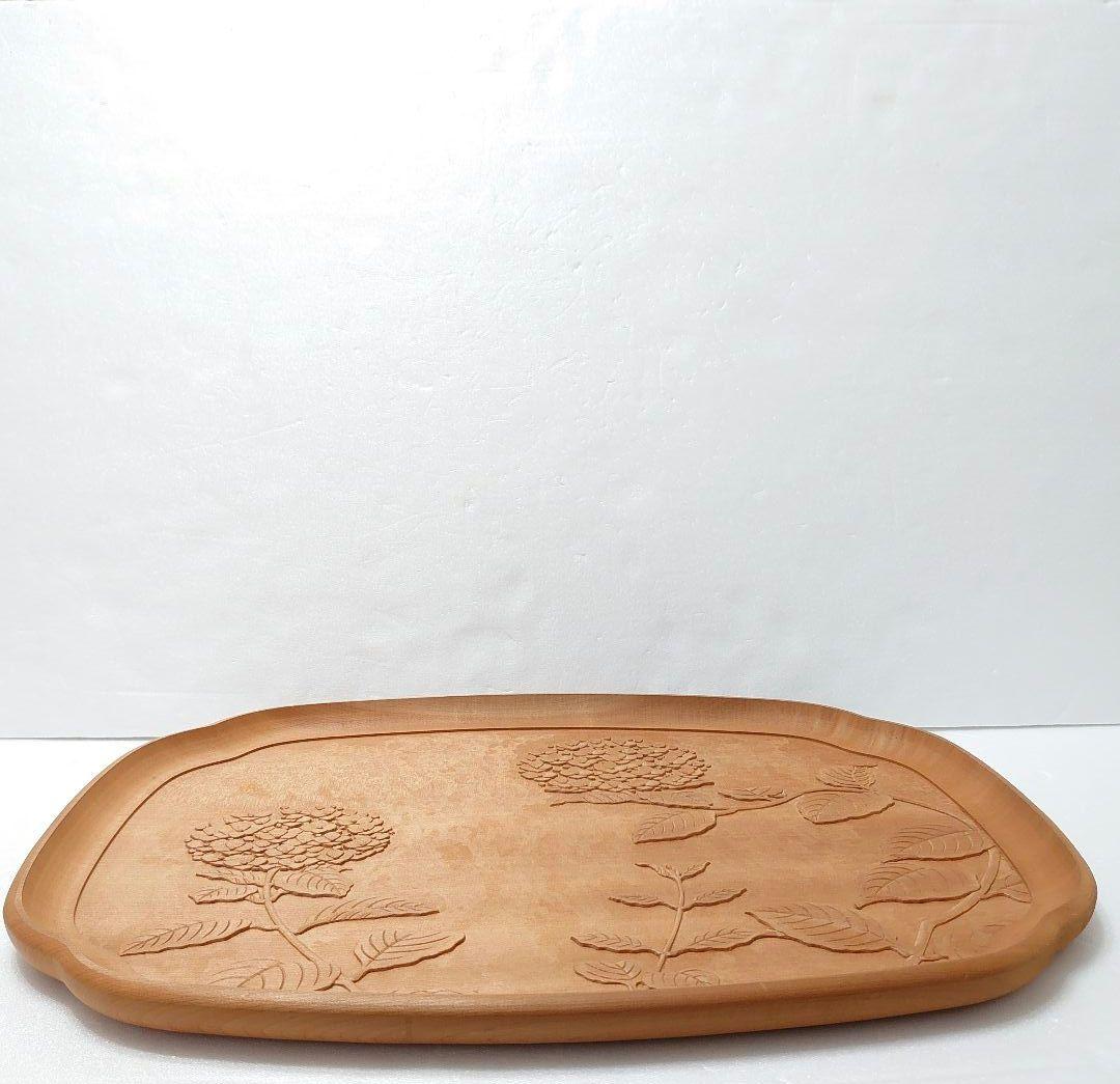 鎌倉彫 桂 木地 木瓜盆 紫陽花文 彫刻 会席盆