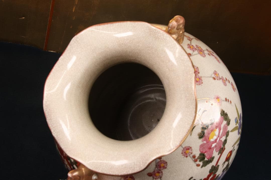 BE716 薩摩焼勇仙作色絵金彩花鳥図獅子耳大花瓶花器壷高さ38cm