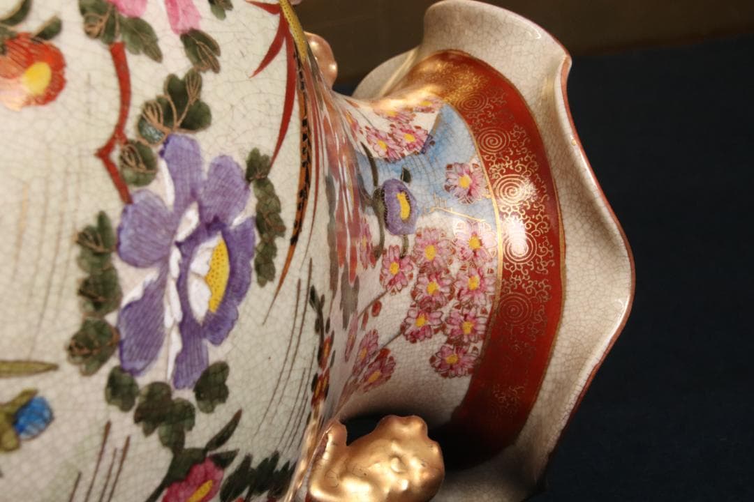 BE716 薩摩焼勇仙作色絵金彩花鳥図獅子耳大花瓶花器壷高さ38cm