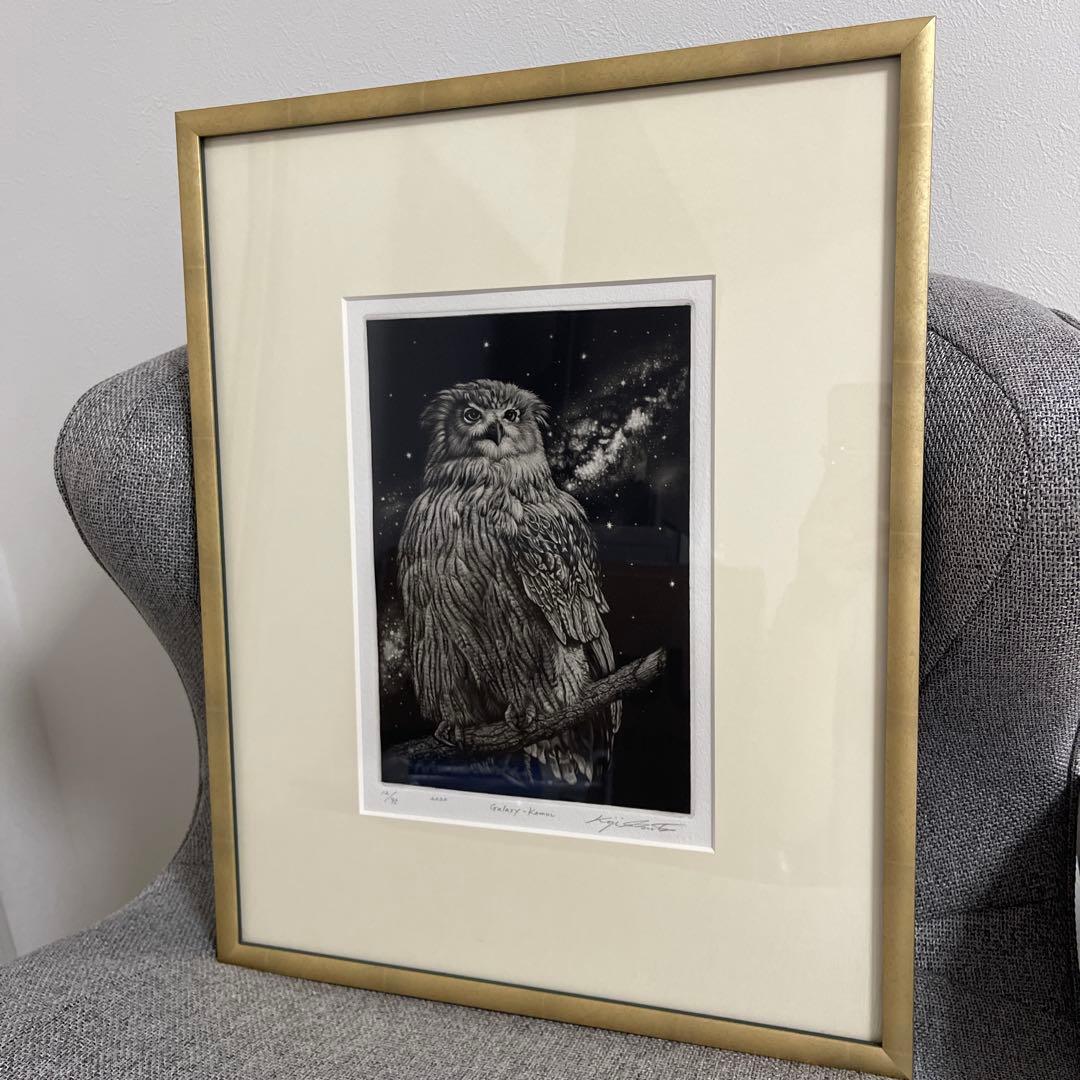 サイン入り　生田宏司　ギャラクシーカムイ　フクロウ　銅版画　メゾチント サイン入り 生田宏司 ギャラクシーカムイ フクロウ 銅版画 メゾチント