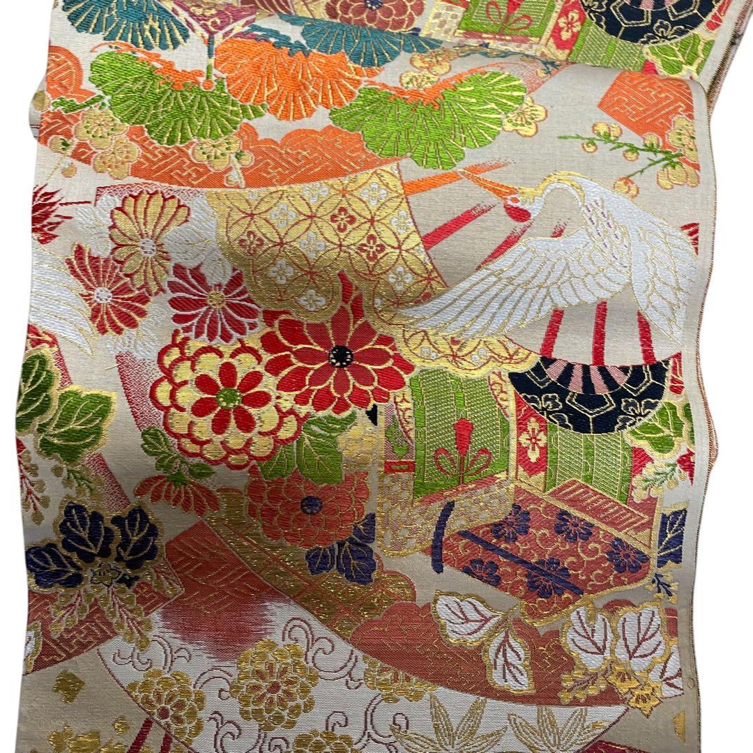 未使用 西陣織 ヴィンテージ 古布 反物 帯や着物にも 鶴、金系 正絹 柄