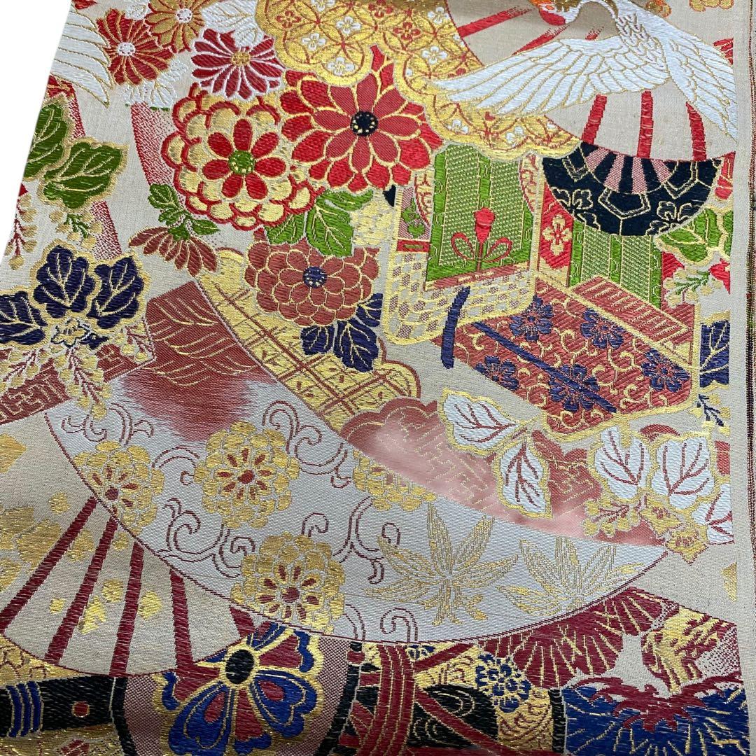 未使用 西陣織 ヴィンテージ 古布 反物 帯や着物にも 鶴、金系 正絹 未