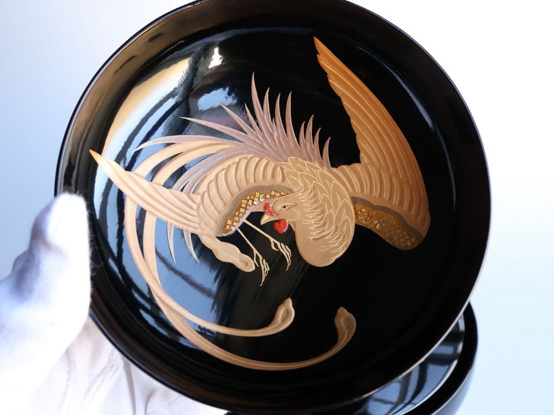 【CM400】天然木漆塗 菊桐鳳凰金蒔絵 黒塗 吸物椀 二客 昭和期 木製漆器