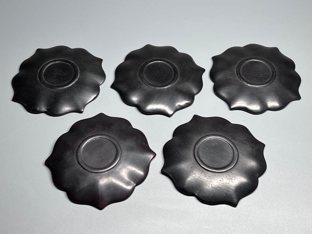 中国古美術 時代物 唐木 五客 茶托 茶道具 木製 巻草紋 浮彫 極細工