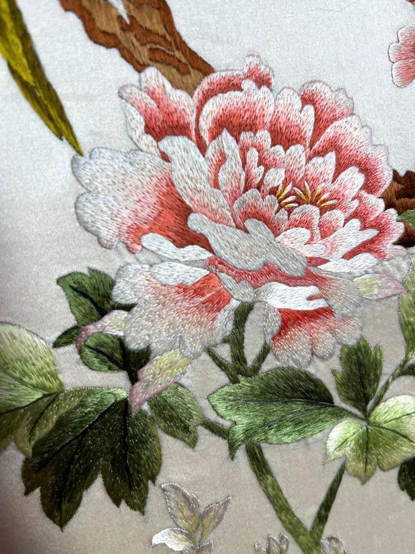 レア　希少【湘繍】ヴィンテージ 刺繍額 中国画 美術品 古美術　ガラス額　花鳥図