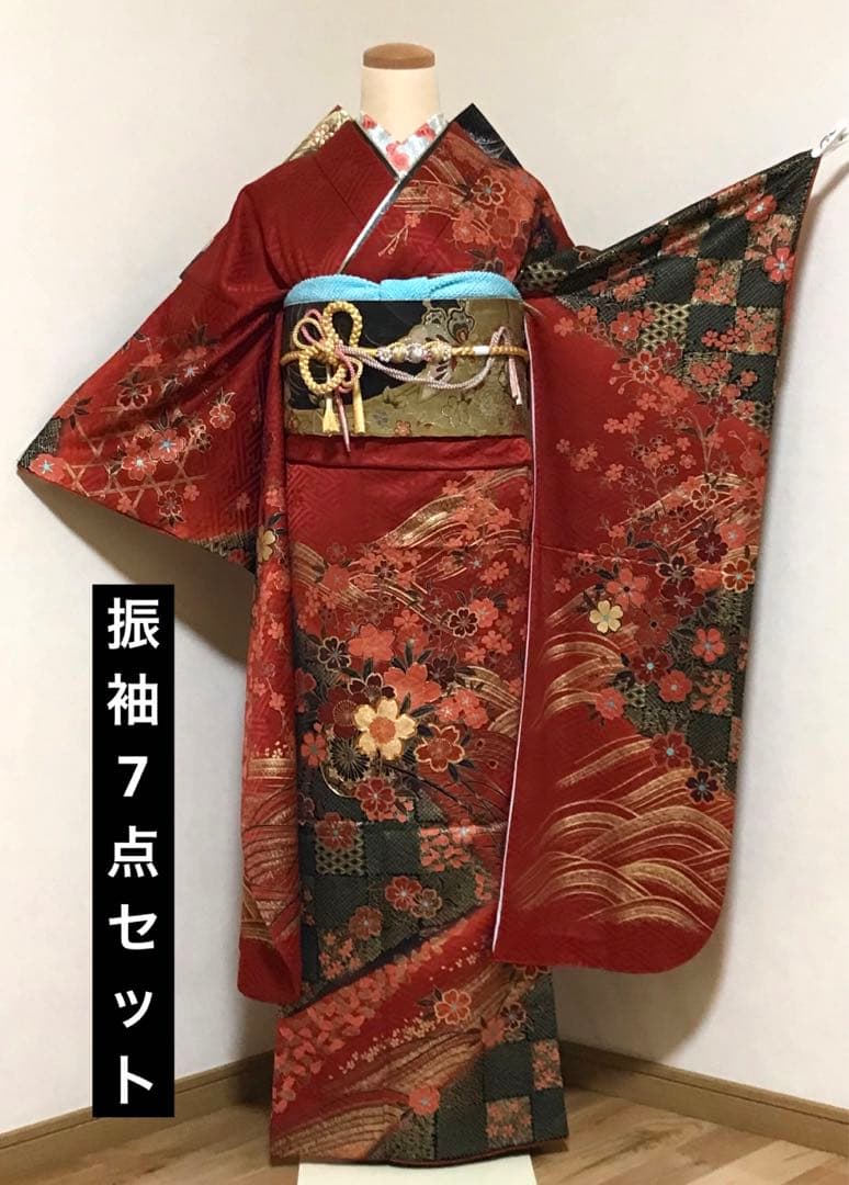 振-20 正絹振袖7点フルセット成人式落ち着きのある赤古典金彩