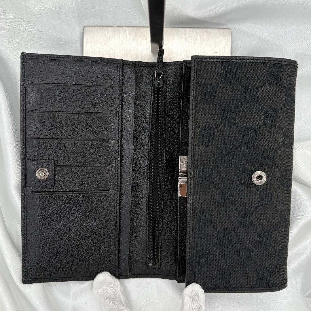【美品】GUCCI グッチ三つ折り財布 GGキャンバス ブラック レザー がま口
