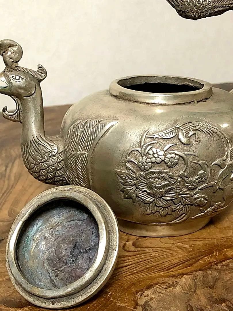 中国美術 白銅 鳳凰草花刻紋 急須 大明宣徳年製 美術品・アンティーク