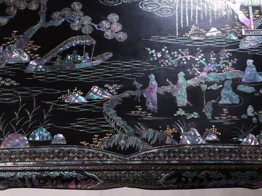 時代唐物 青貝螺鈿細工 楼閣人物 平卓 花台 香炉台 58cm 木製【MA624