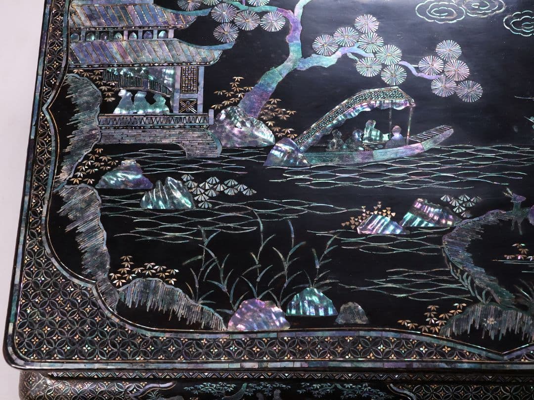 時代唐物 青貝螺鈿細工 楼閣人物 平卓 花台 香炉台 58cm 木製【MA624