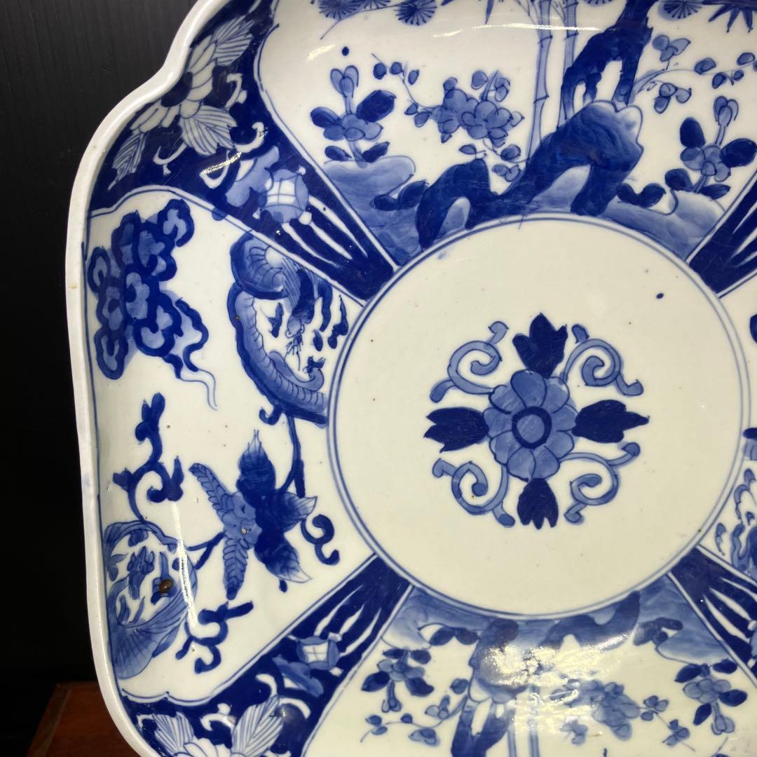 古伊万里 藍九谷様式 兜皿 角皿 二重 青 T1007-3