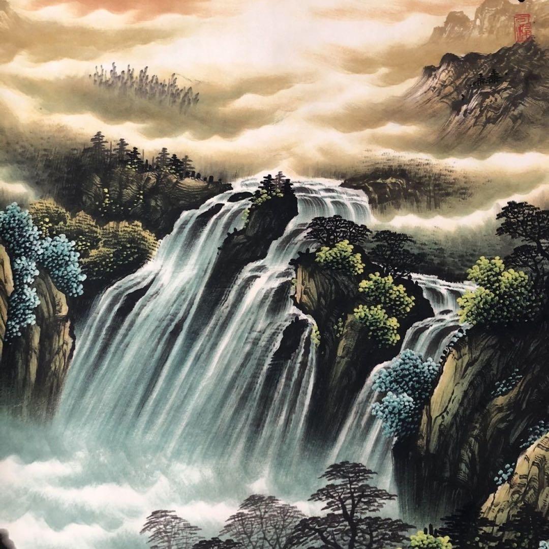 中国山水画 掛け軸 三尺中堂 滝・渓流風景 装飾用 - メルカリ