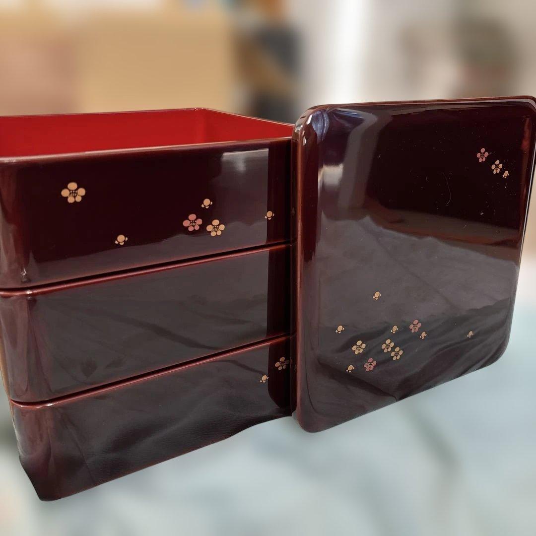 【極美品】輪島塗 三段重箱 蒔絵 梅ちらし 天然木 漆器 共箱付き