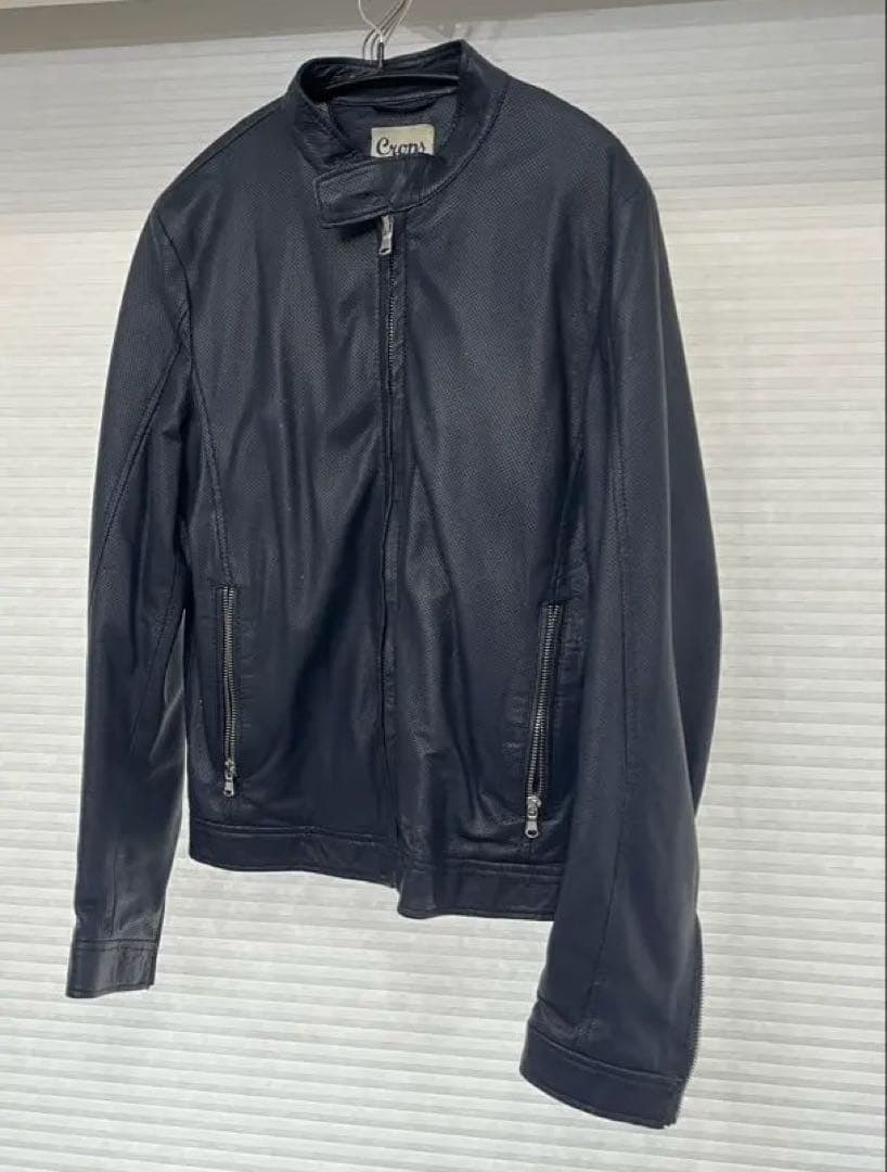 ネイビー パンチングレザー シングルライダース 紺 48 L crops メンズ