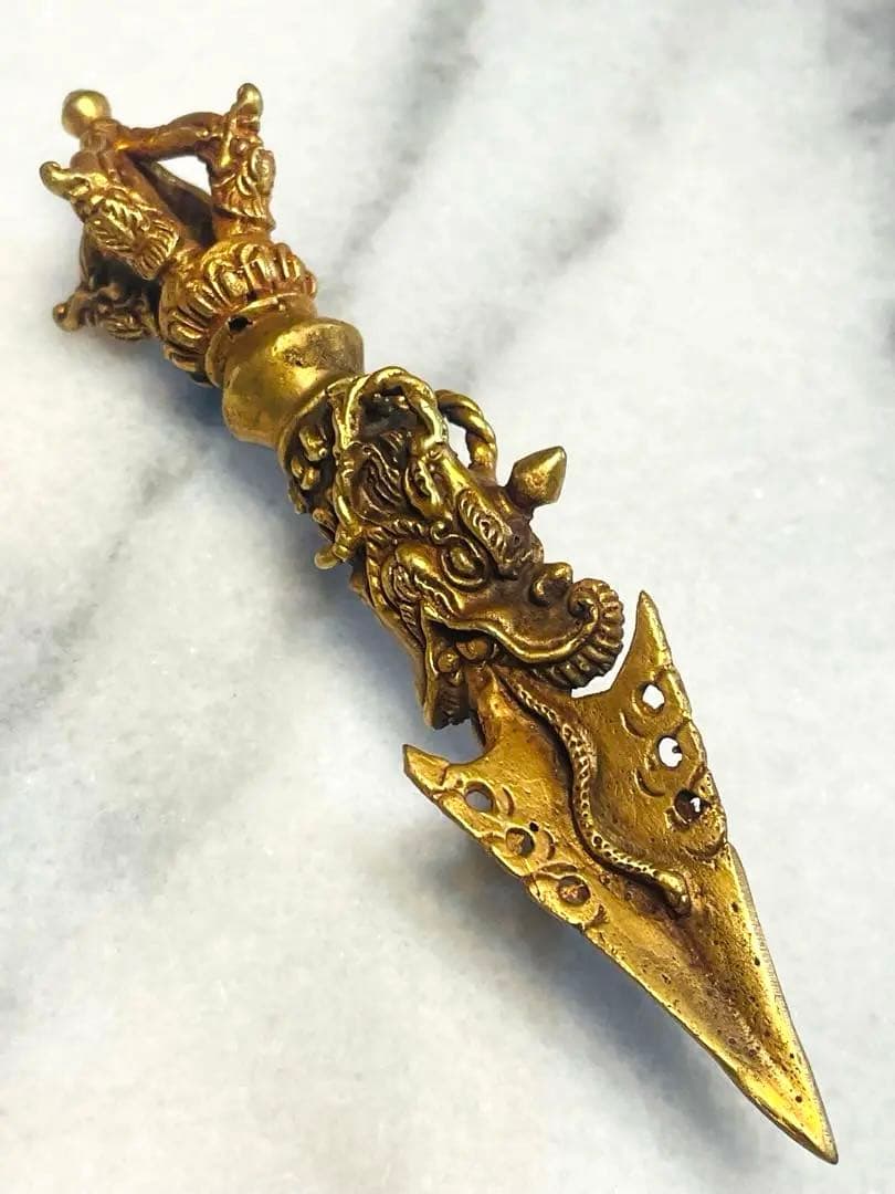 チベット密教 新品 プルパ 金メッキ　龍　金剛杵　約12センチ 594