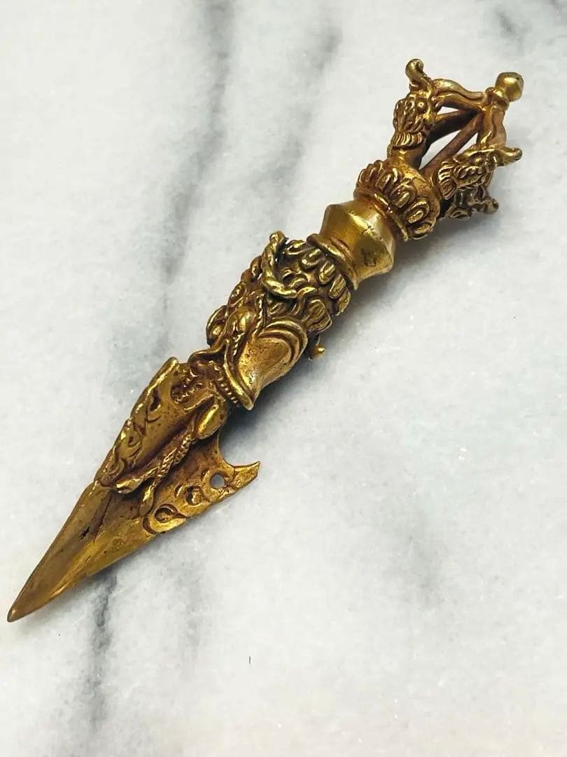 チベット密教 新品 プルパ 金メッキ　龍　金剛杵　約12センチ 594