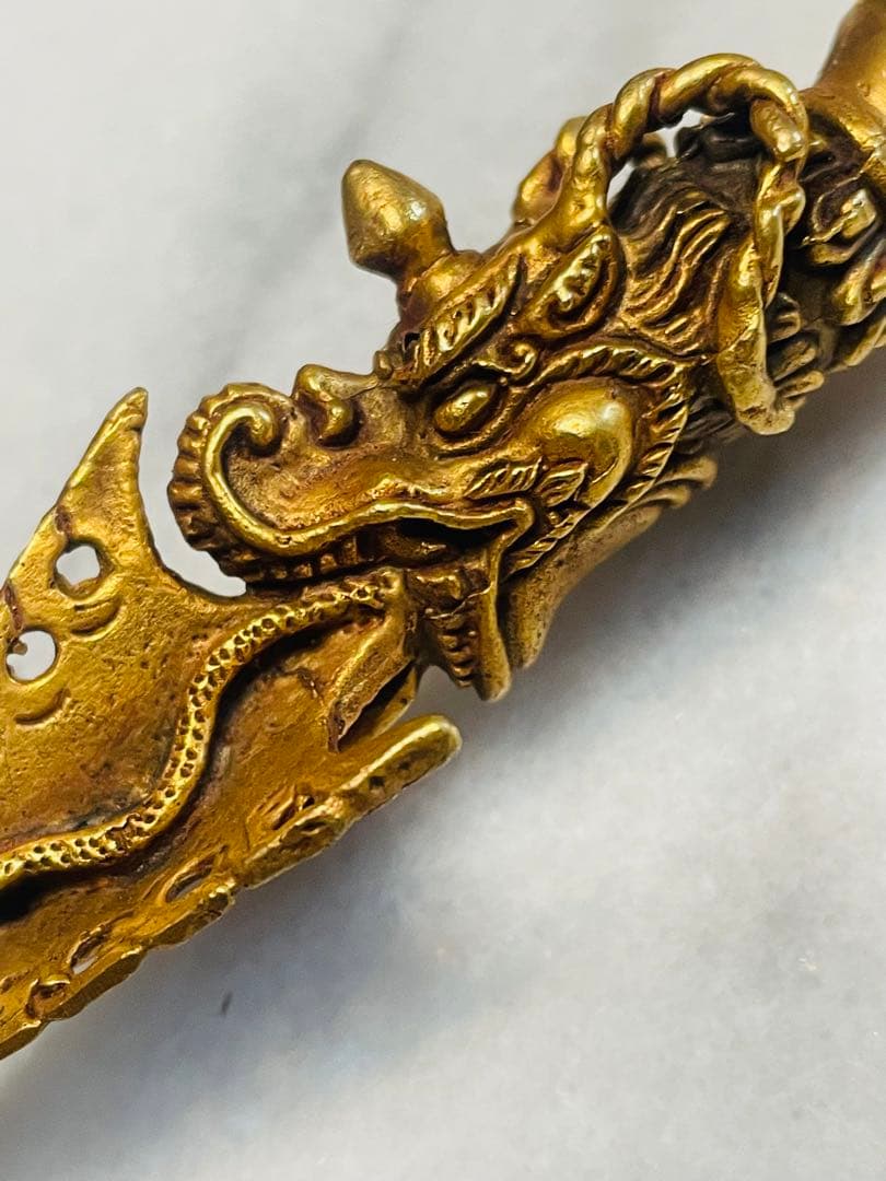 チベット密教 新品 プルパ 金メッキ　龍　金剛杵　約12センチ 594