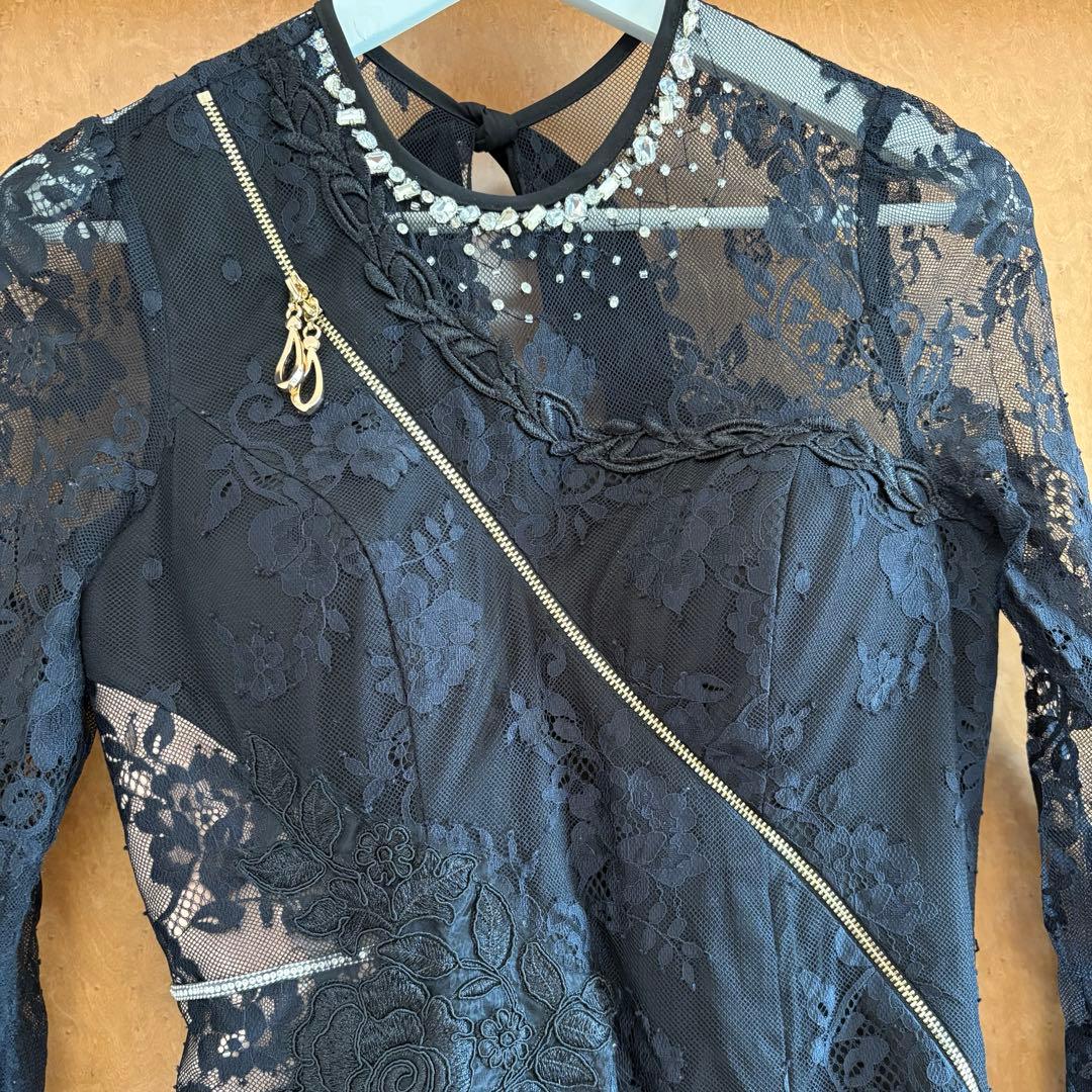 ROBE de FLEURS Glossy ブラックレースドレス ロング　L