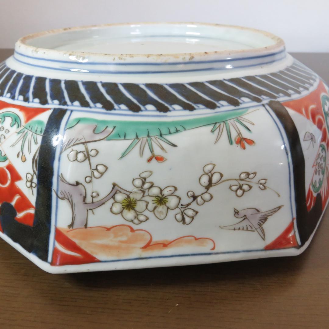 角鉢 八角鉢 伊万里 松竹梅 鳥 蝶 窯傷 歪み 明治前後