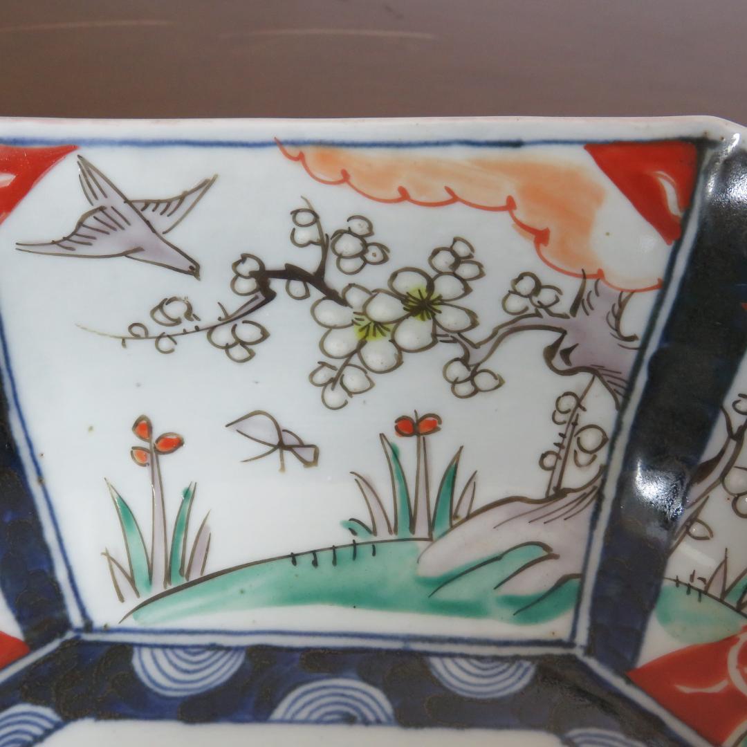 角鉢 八角鉢 伊万里 松竹梅 鳥 蝶 窯傷 歪み 明治前後