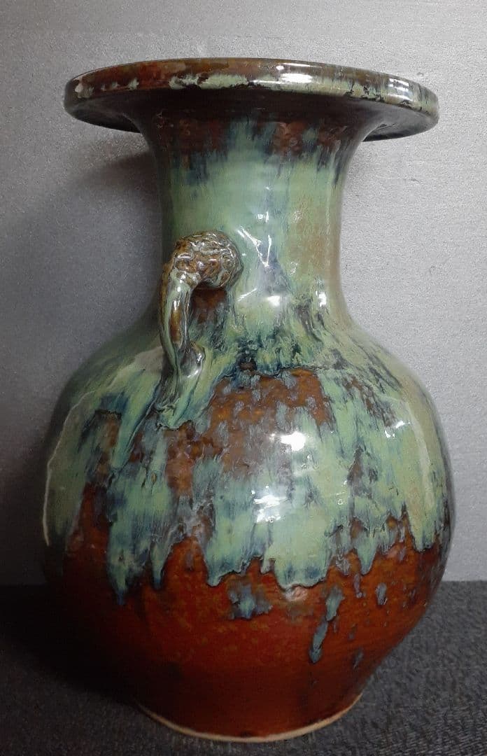 国指定重要無形文化財【小鹿田焼】飴釉　緑釉　打ち掛け　流し釉　双耳広口大壺　花器