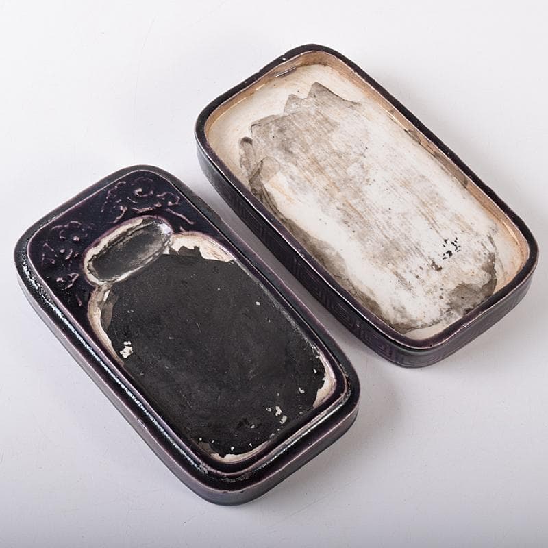 平安 篩月庵 三浦竹泉造 紫交趾 人物馬文 陶硯 共布共箱 F R7883