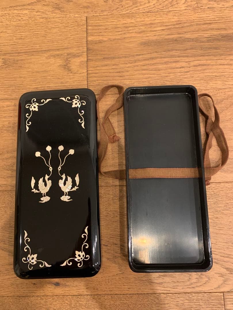 螺鈿細工硯箱文箱天平文様 鳳凰双鳥黒漆 漆器 書道具 小物入れ 伝統