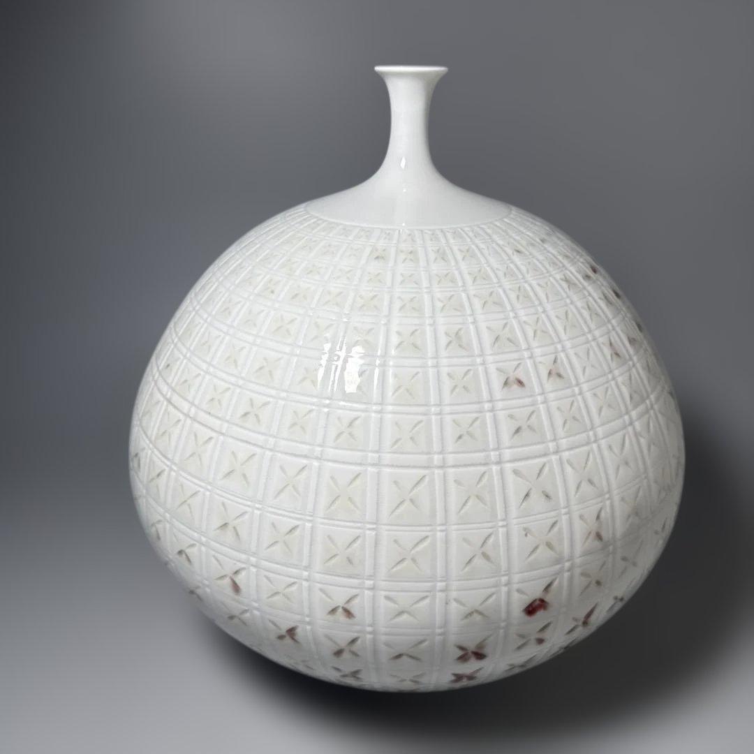 藤井朱明　作　格子文花瓶　エントランス　オブジェ　日展陶芸作家　高30.5cm