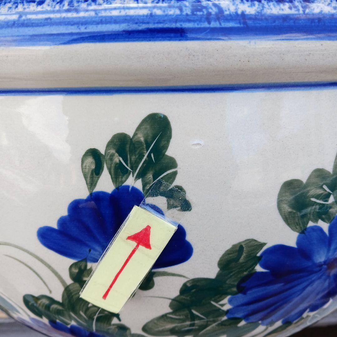 新品 ∅50 陶器 睡蓮鉢 特大 メダカ鉢 難有 手書き絵 花柄 手造りLKB2