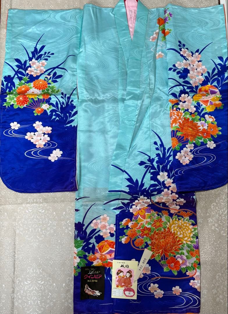 七五三　3才　ブルー　三ツ身　晴れ着　未使用　汚れ防止加工済　長襦袢付