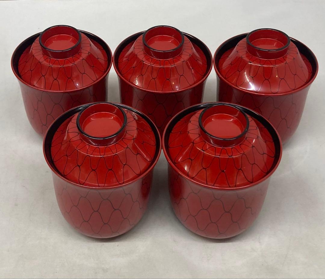 B471b「黒網目 朱箸洗 5個」箱書は表書のみ　木地　外朱漆塗　内黒漆塗