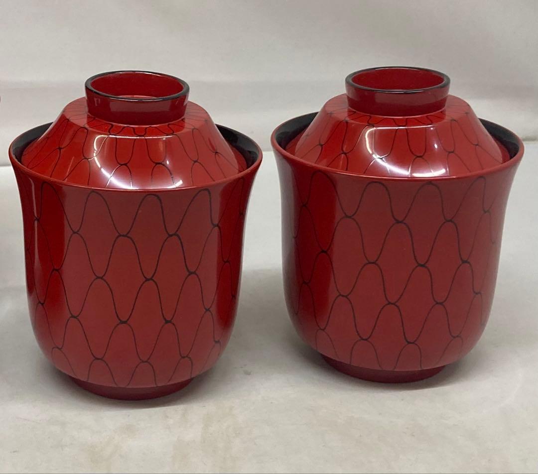 B471b「黒網目 朱箸洗 5個」箱書は表書のみ　木地　外朱漆塗　内黒漆塗