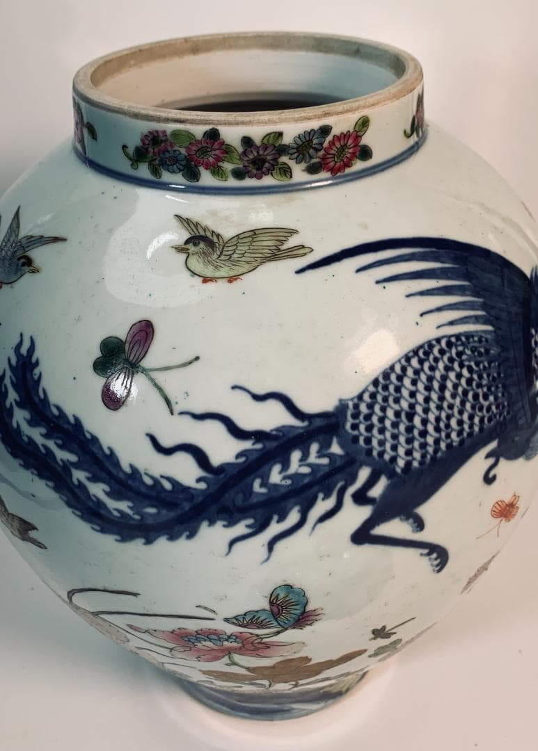 民国前期 景徳鎮 粉彩五彩 将軍罐 大型 有蓋壺／鳳凰・麒麟・花鳥