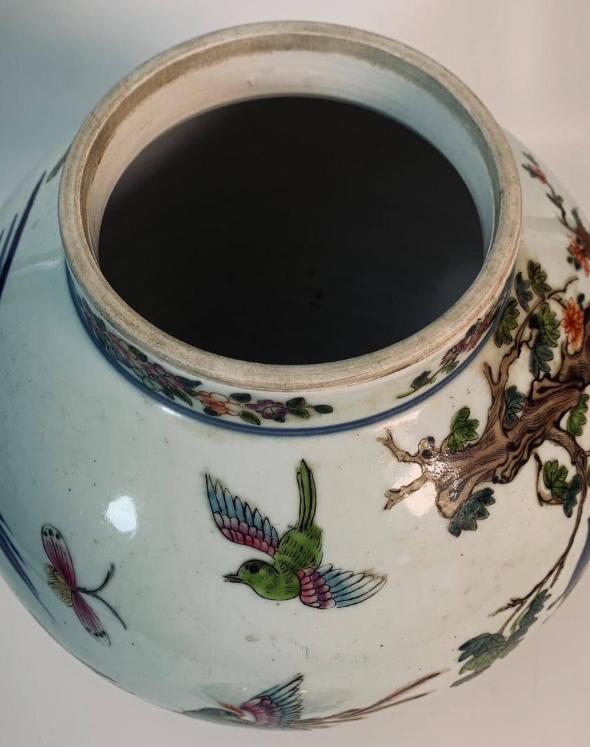 民国前期 景徳鎮 粉彩五彩 将軍罐 大型 有蓋壺／鳳凰・麒麟・花鳥