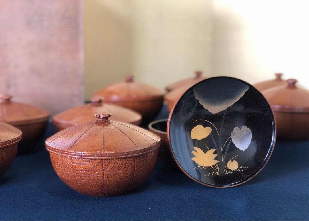 A893 木製輪島塗 白檀塗 山吹蒔絵 『千舟堂』 吸い物椀 煮物椀 5客