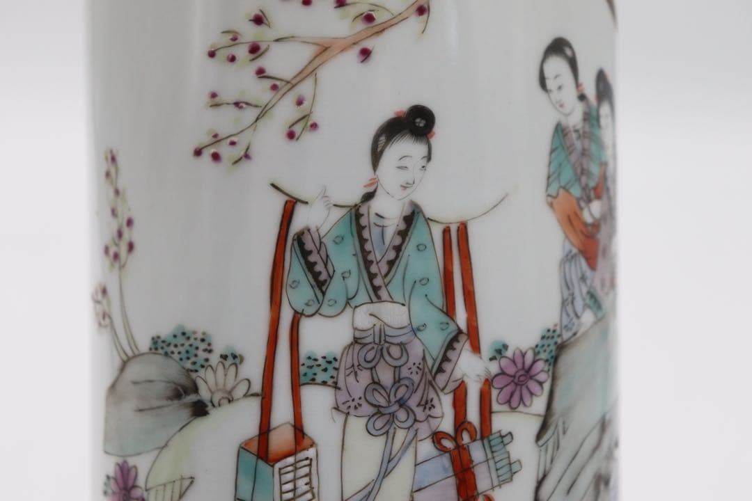 岐No28 中国 清時代 粉彩美女図筆筒 帽筒① 同治年製 送料込み0503