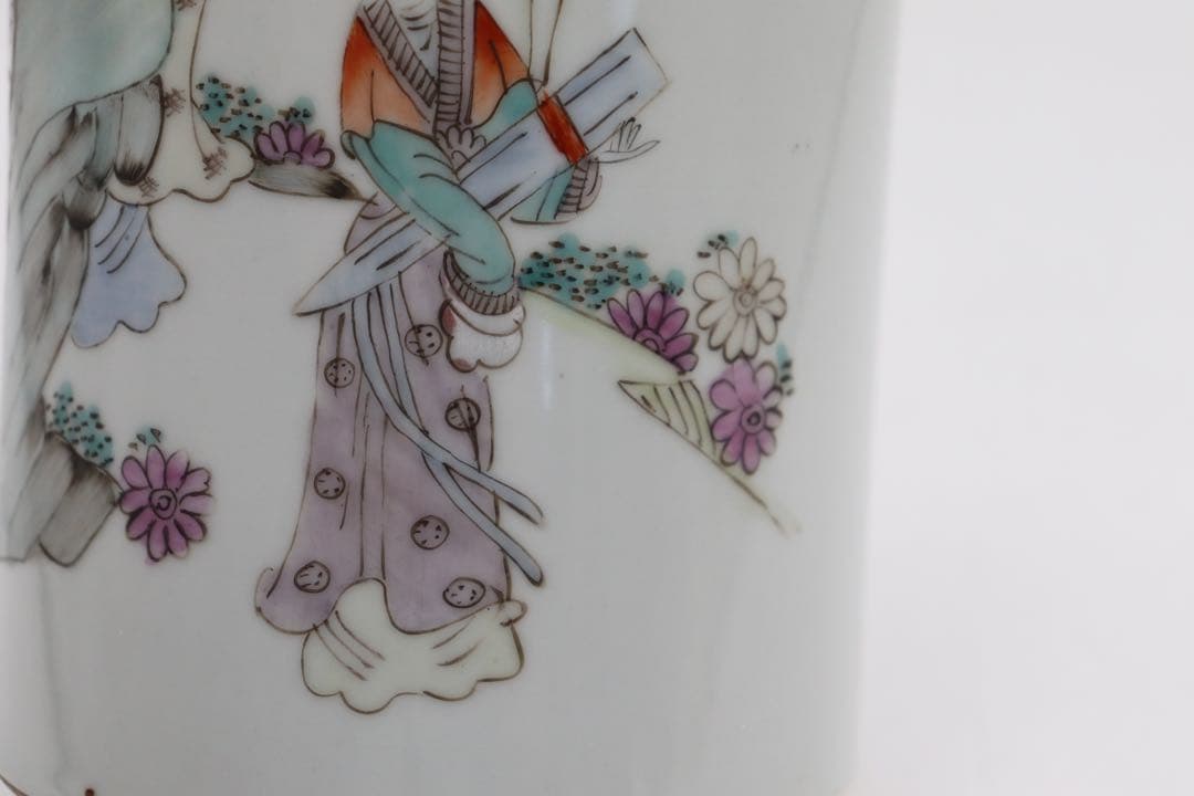 岐No28 中国 清時代 粉彩美女図筆筒 帽筒① 同治年製 送料込み0503