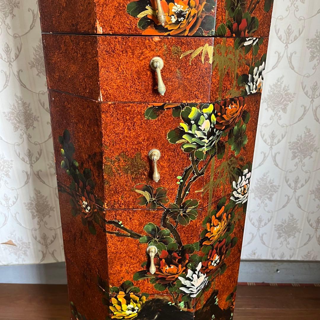 アンティーク】中国家具 宝石棚 花鳥画 箪笥 チェスト 8杯 飾り棚 古家具