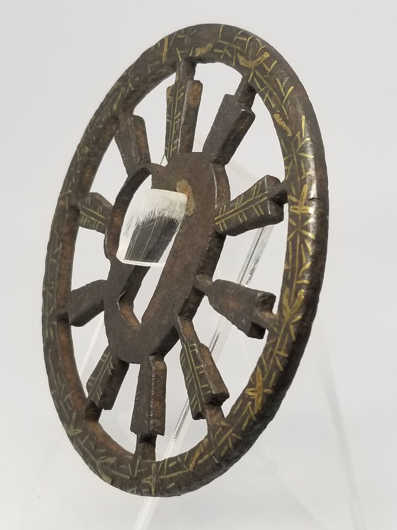 ハ*ル様 矢車透鐔 平安城象嵌 大鐔 9センチ 箱付 刀装具 刀剣