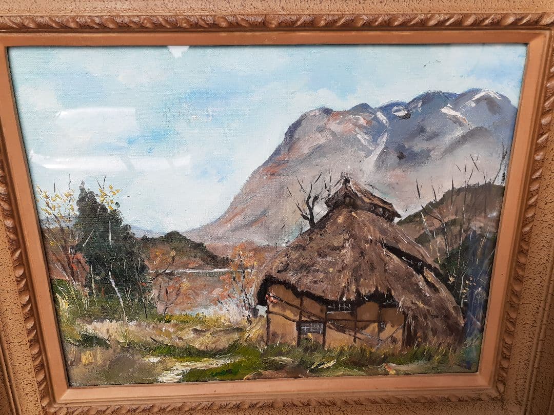 茅葺き屋根の家　絵画 油絵